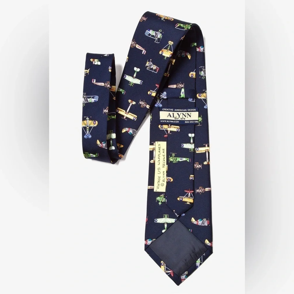 Vintage Alynn 100% Silk Tie U.S. Warplanes Navy Blue Air Force Military Print
